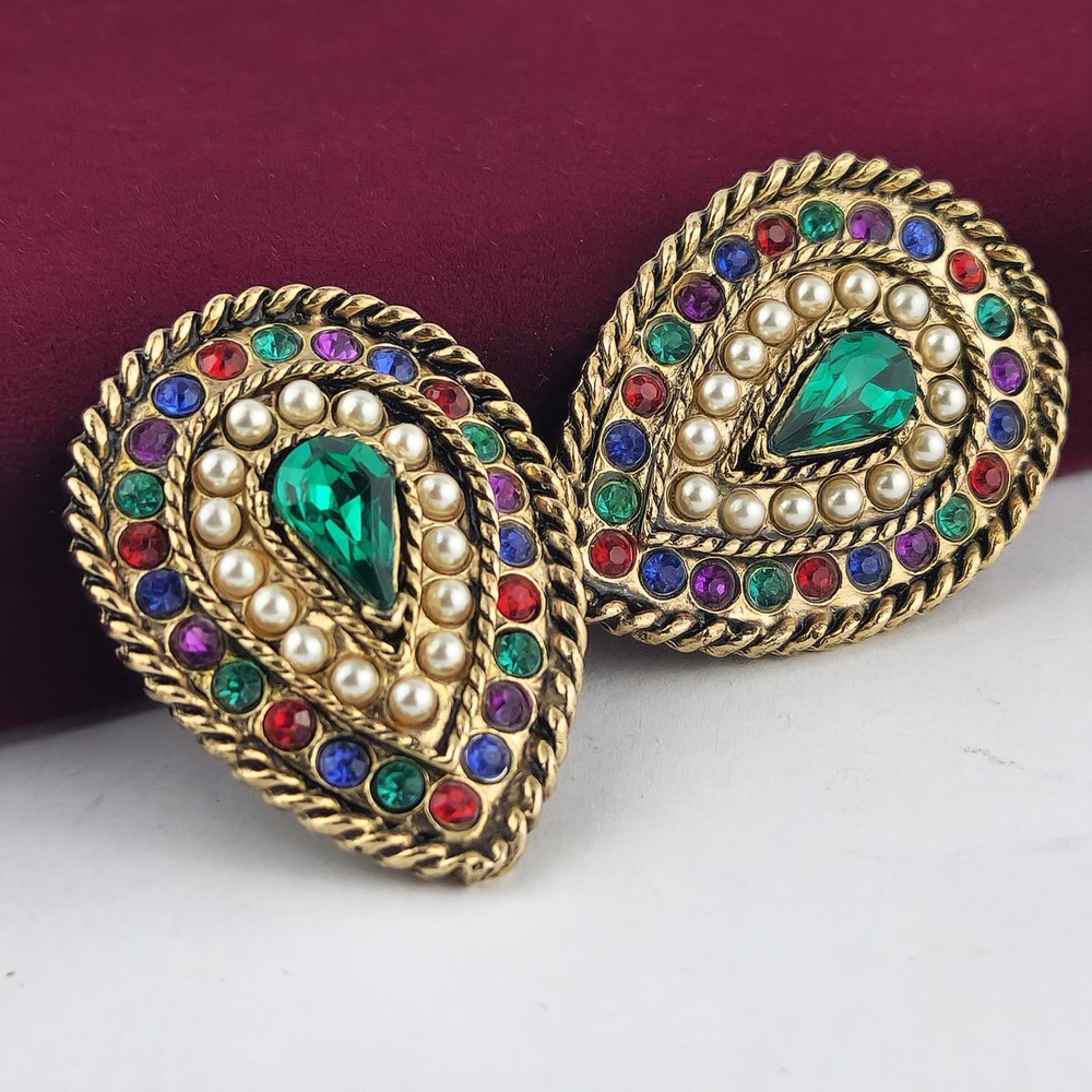 Vintage Multi Color Rhinestone Faux Pearl Teardrop Clip On Earrings Gold Tone